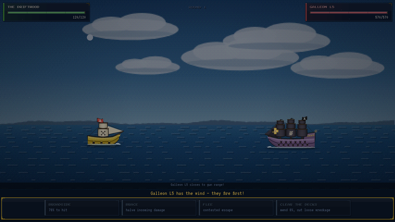 A turn-based sea battle: a small sloop squares up to a galleon