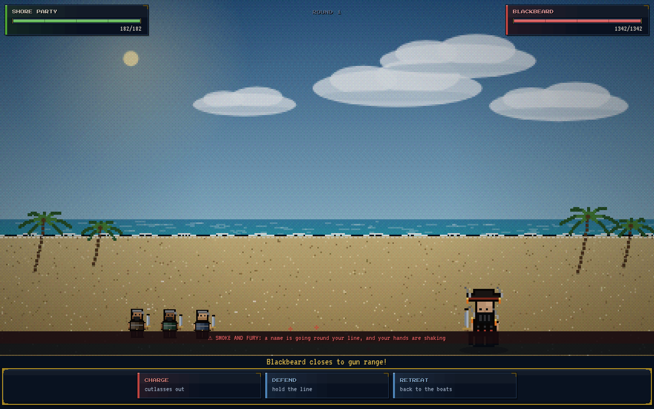 A shore party facing Blackbeard on a beach