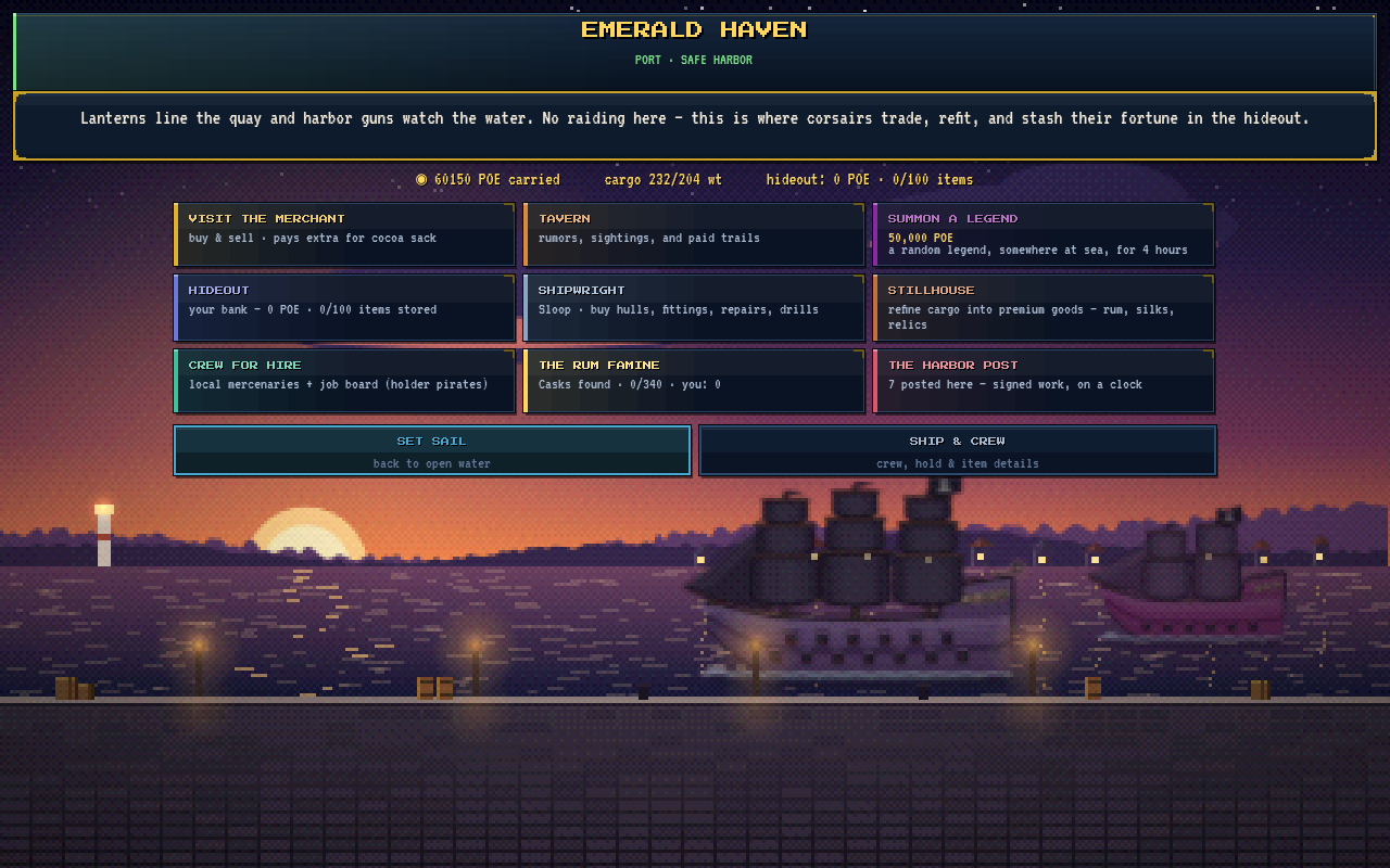 The Emerald Haven port screen: merchant, tavern, hideout, shipwright, stillhouse, crew for hire and harbor post