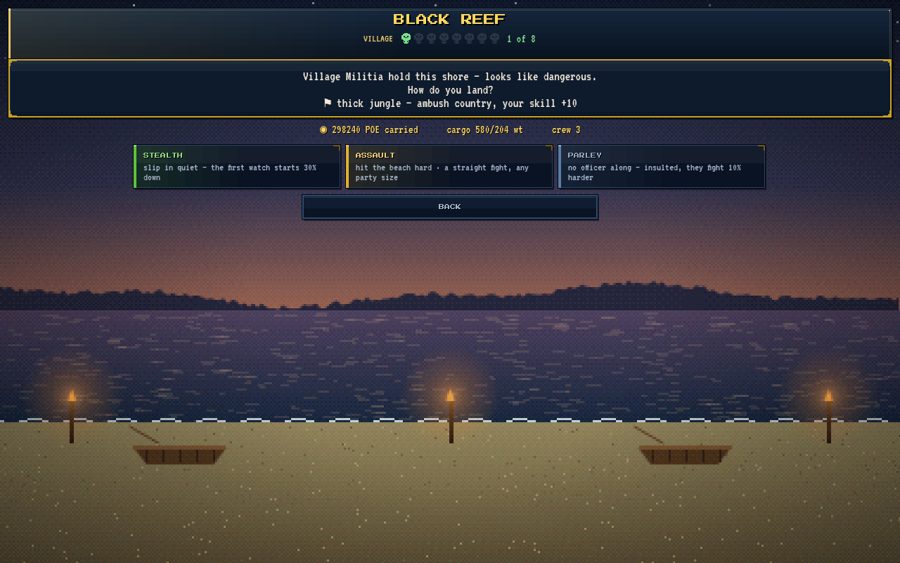 Choosing how to land on a raided island: stealth, assault or parley