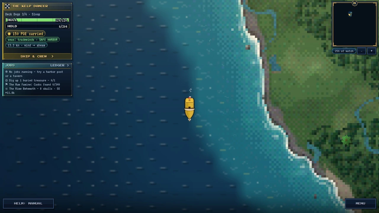 Corsairs of Cardano: a sloop sailing down the painted coast of an island, with the ship card, jobs list and minimap