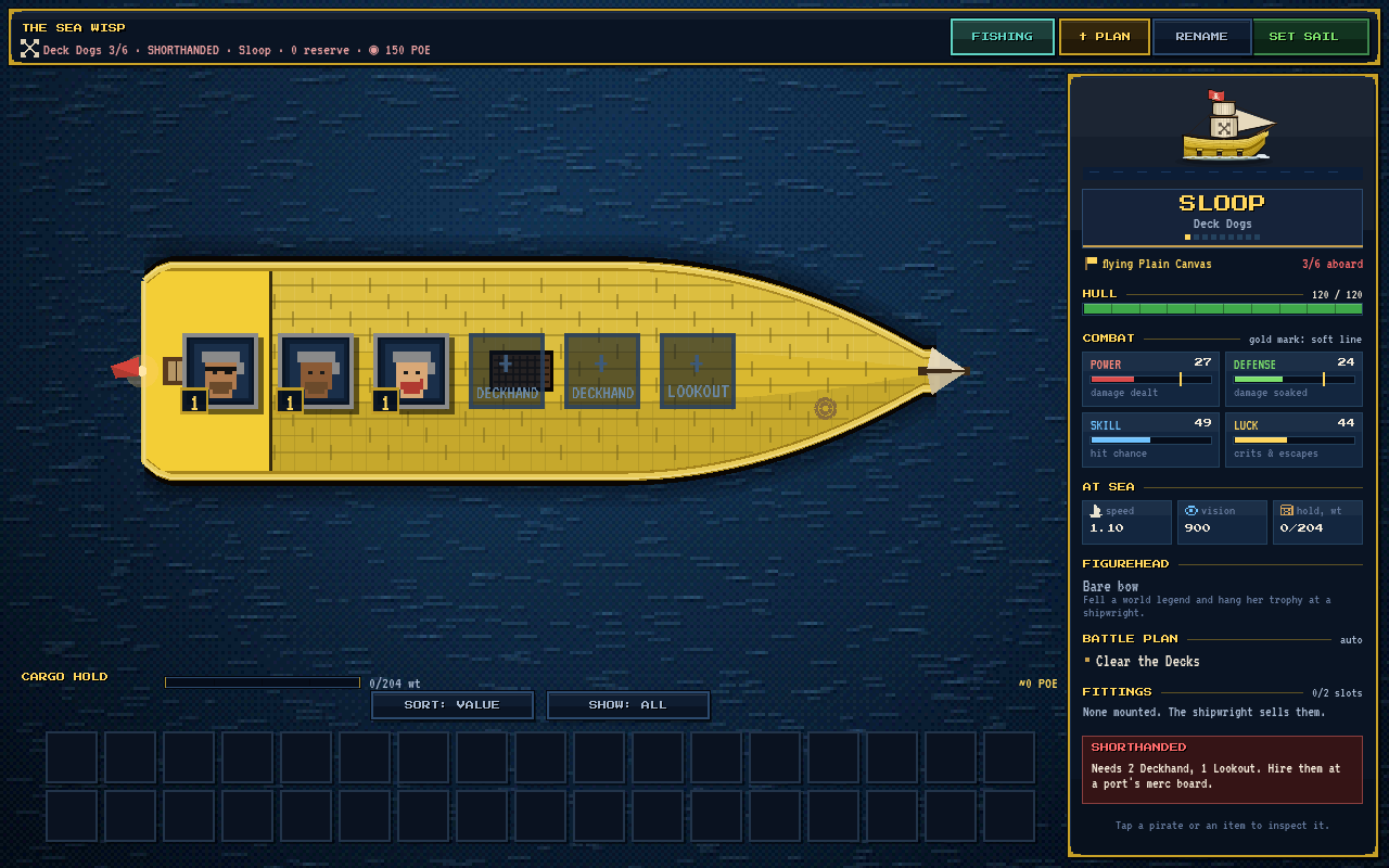 The Ship and Crew screen: pirates at their posts on the deck, ship stats and cargo hold
